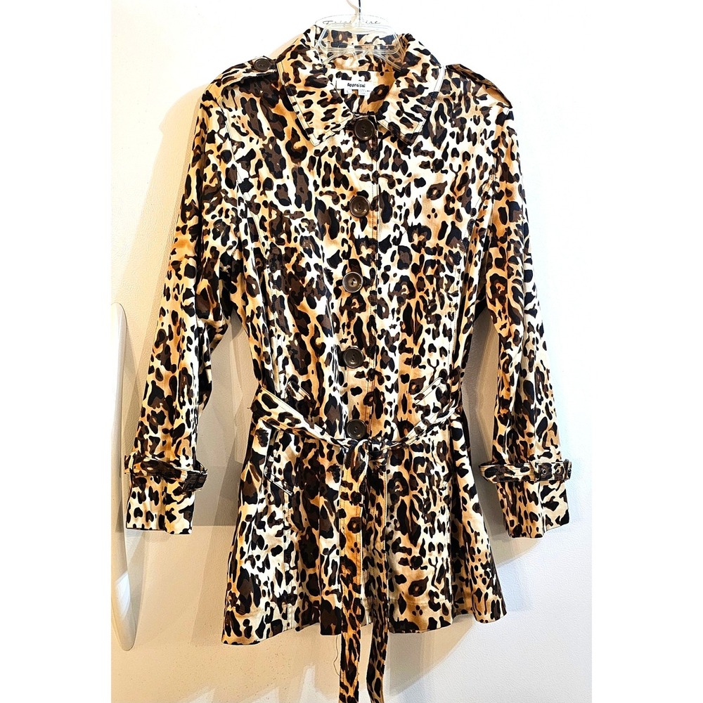 Appraisal Leopard Print Trench Coat Womens Large Brown Black Belted Button Front
